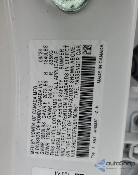 2025 Honda Civic Sport из США, поврежденный, VIN 2HGFE2F52SH503961